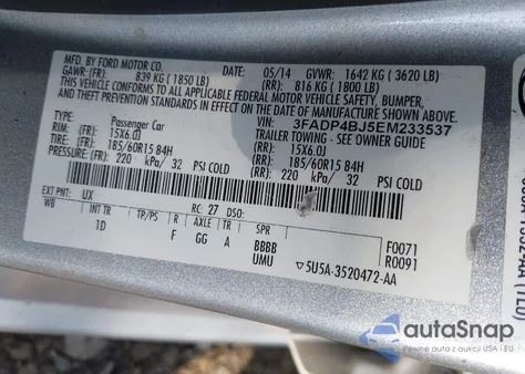 2014 Ford Fiesta Se z USA, uszkodzony, nr VIN 3FADP4BJ5EM233537